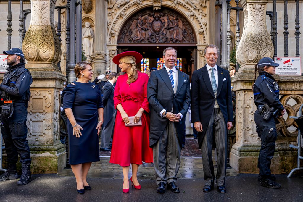 Grand Duchess Maria Teresa of Luxembourg, Grand Duchess Stephanie of Luxembourg, Grand Duke Guillaume of Luxembourg and Grand Duke Henri of Luxembourg stood in line outside cathedral