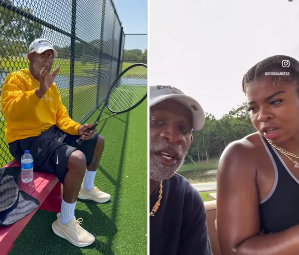 Deion Sanders courtside at the tennis courts, and sitting with his daughter