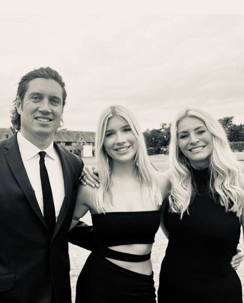 Tess Daly and Vernon Kay in black and white picture with daughter