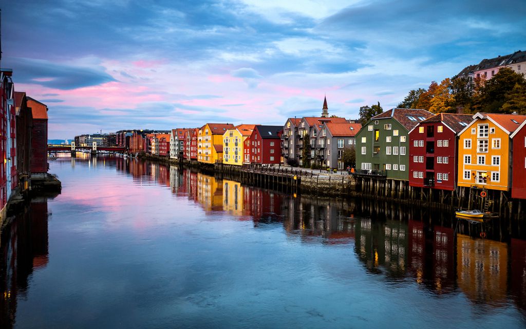 Trondheim view at sunset time from Old Town Bridge