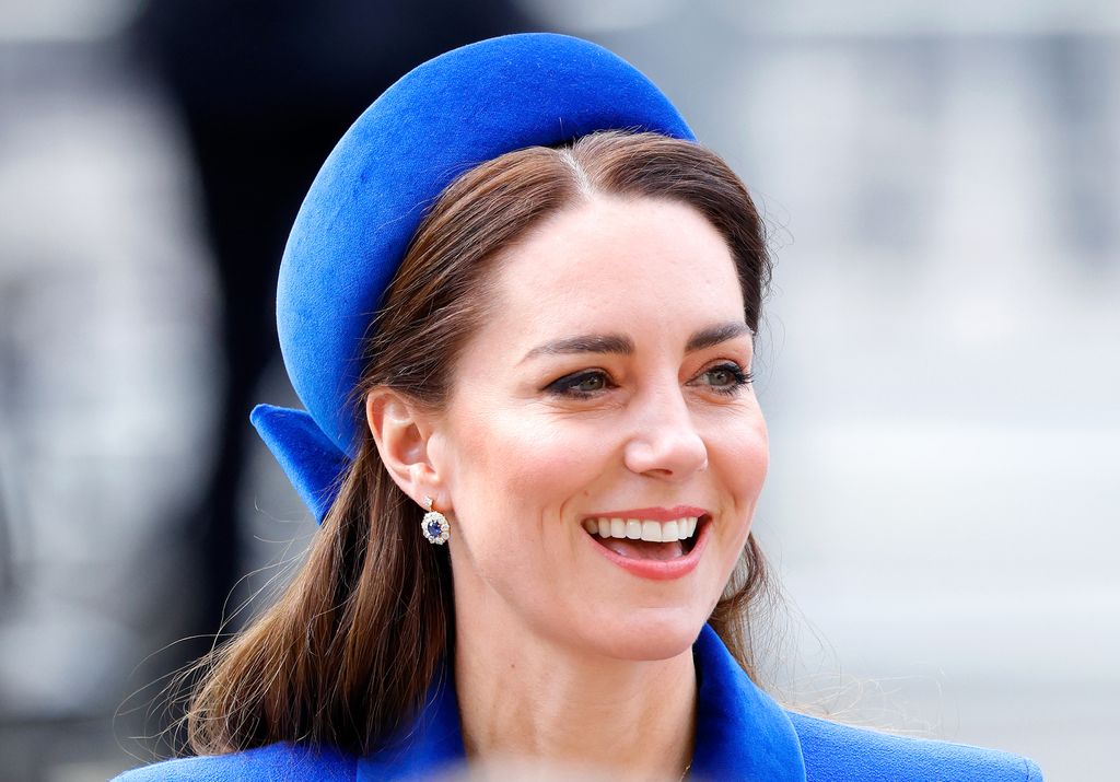 Kate Middleton wearing a blue dress and sapphire earrings at the Commonwealth Day service 2022