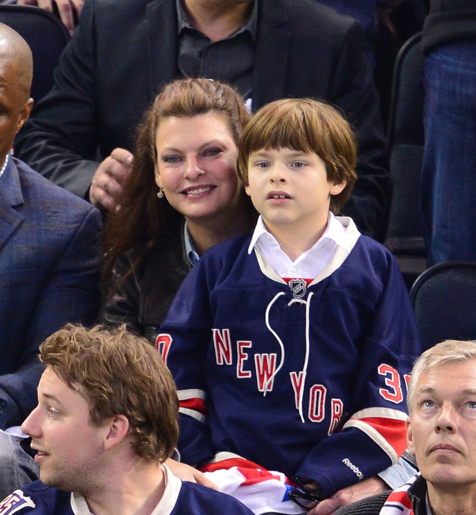 Linda Evangelista and her son Augustin attend Montreal Canadiens vs New York Rangers playoff game at Madison Square Garden on May 29 2014