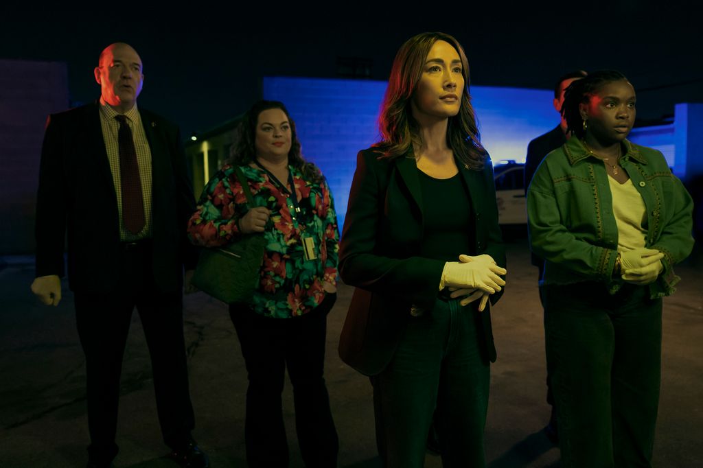 John Carroll Lynch (Thomas Laffont), Rebecca Field (Colleen Hatteras), Maggie Q (Renee Ballard), and Courtney Taylor (Samira Parker) in a still from Ballard