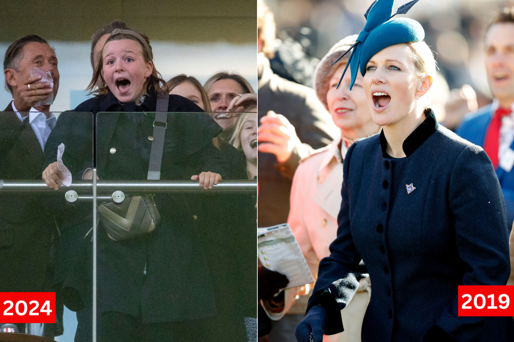 Mia Tindall cheering at Cheltenham in 2024, Zara Tindall cheering at Cheltenham in 2019