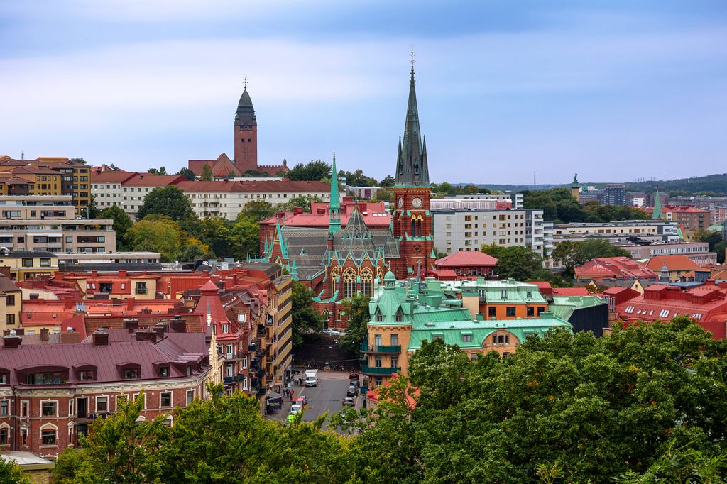 View of Oscar Fredrik Church, Masthugget Church and the Surroundings of Olivedal, Gothenburg, Sweden