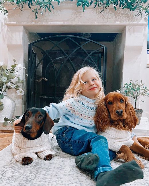 a blond haired boy sits in front of a fireplace smiling with each of his arms wrapped around a brown dog and they all wear chunky knitted jumpers
