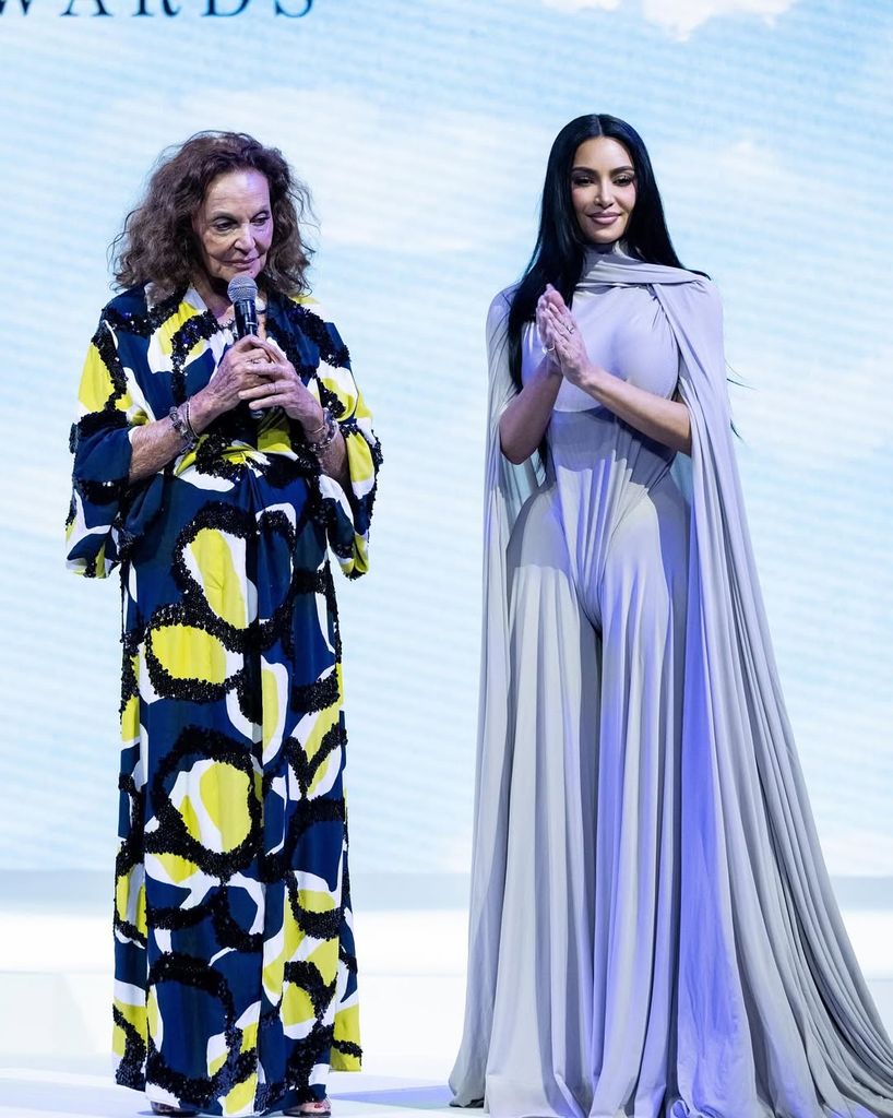 Diane Von Furstenberg and Kim Kardashian on stage at the DVF Awards