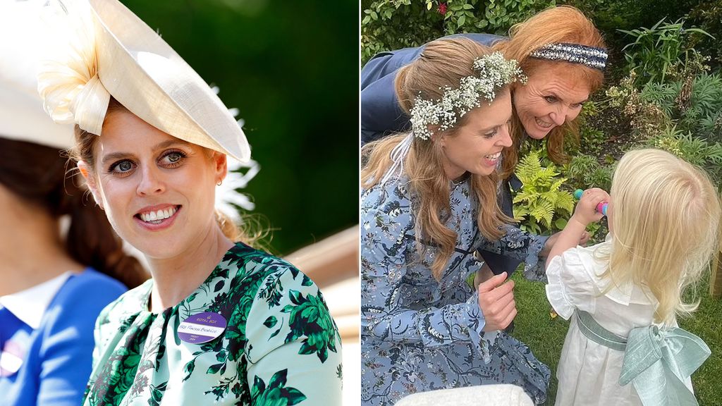 Princess Beatrice in green dress and cream hat beside photo of beatrice knelt down with sienna and sarah ferguson