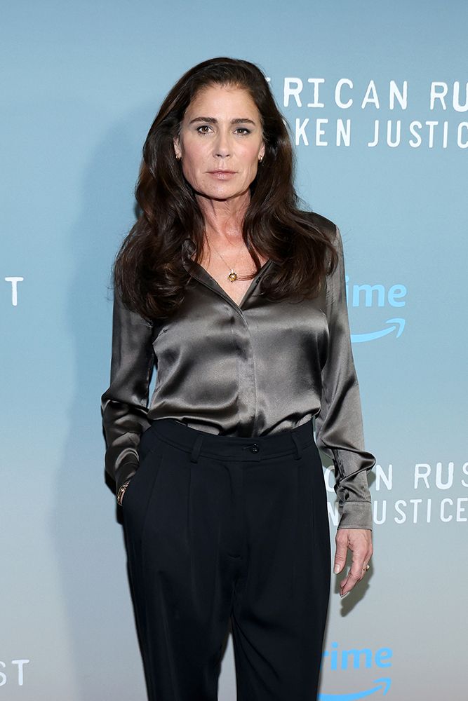 Maura Tierney attends Prime Video's "American Rust: Broken Justice" New York Screening in a grey blouse and black trousers