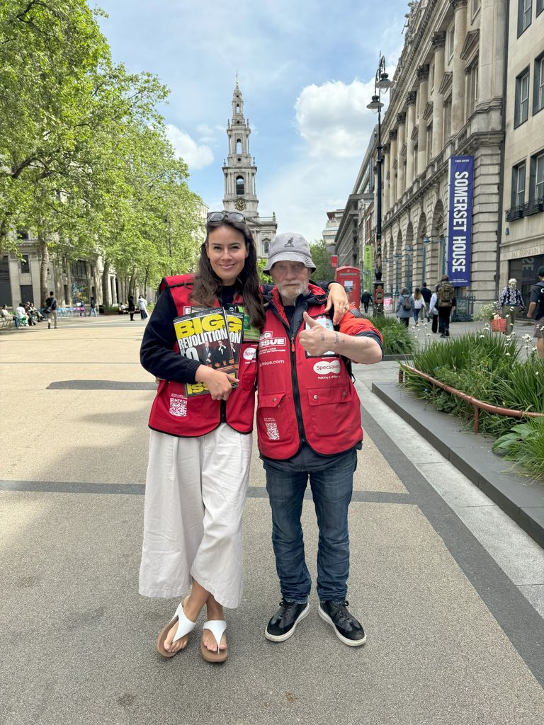 Sophie Winkleman selling Big Issue outside Somerset House