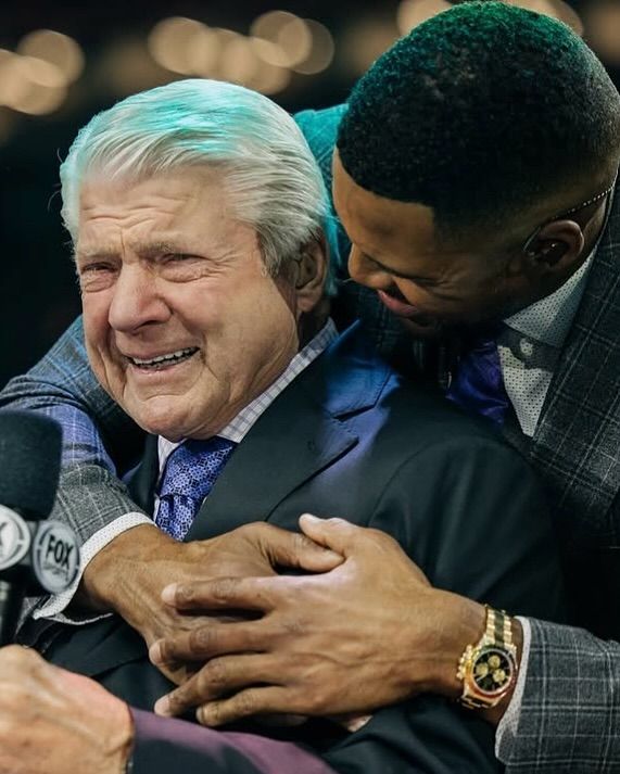 Michael Strahan embraces his NFL colleague Jimmy Johnson in a photo shared on Instagram