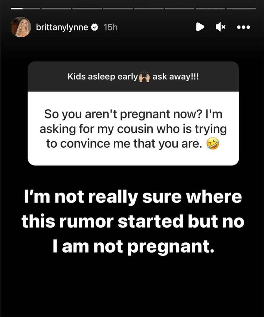 Grab of Instagram Story by Brittany Mahomes denying she is pregnant
