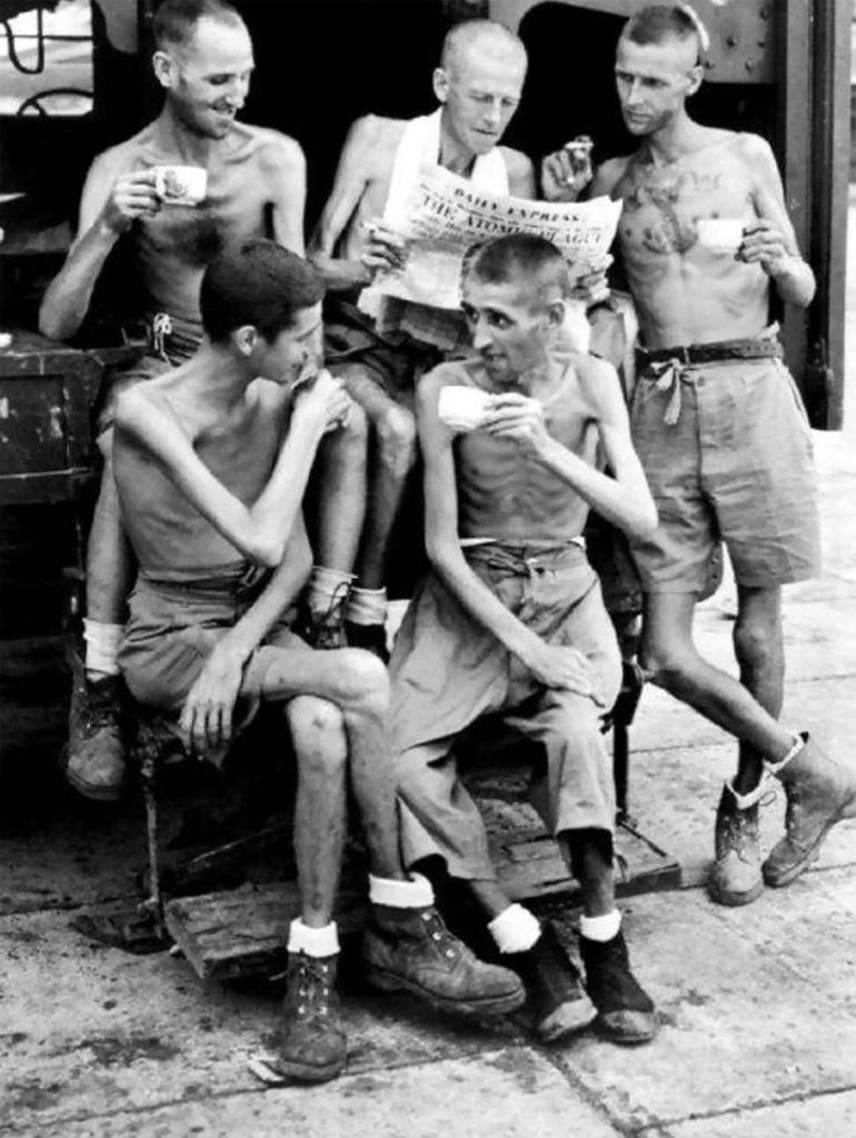 British POWs in 1945 after release from a Japanese work camp on the Pekanburu Death Railway  in Sumatra in 1945