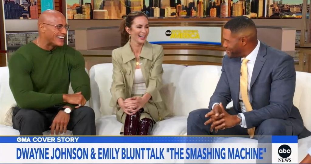 photo of dwayne johnson emily bunt and michael strahan on gma