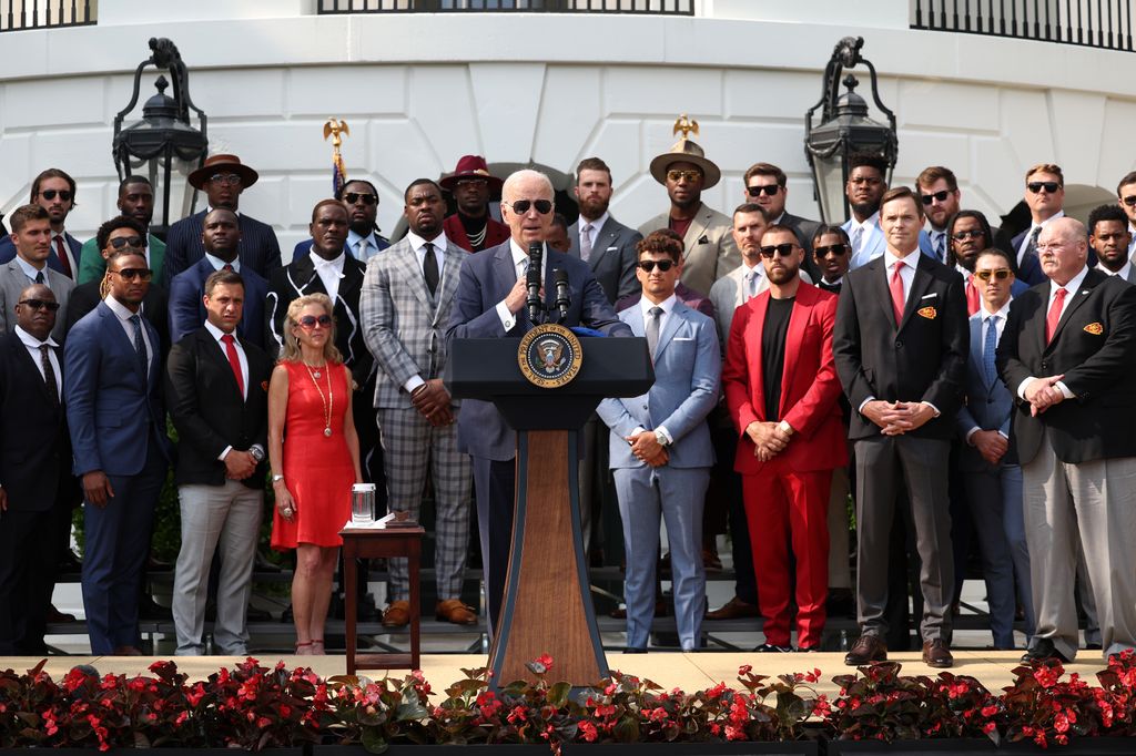  U.S. President Joe Biden welcomes the NFL Kansas City Chiefs to the White House on June 05, 2023 in Washington, DC. The Chiefs are the 2023 Super Bowl champions