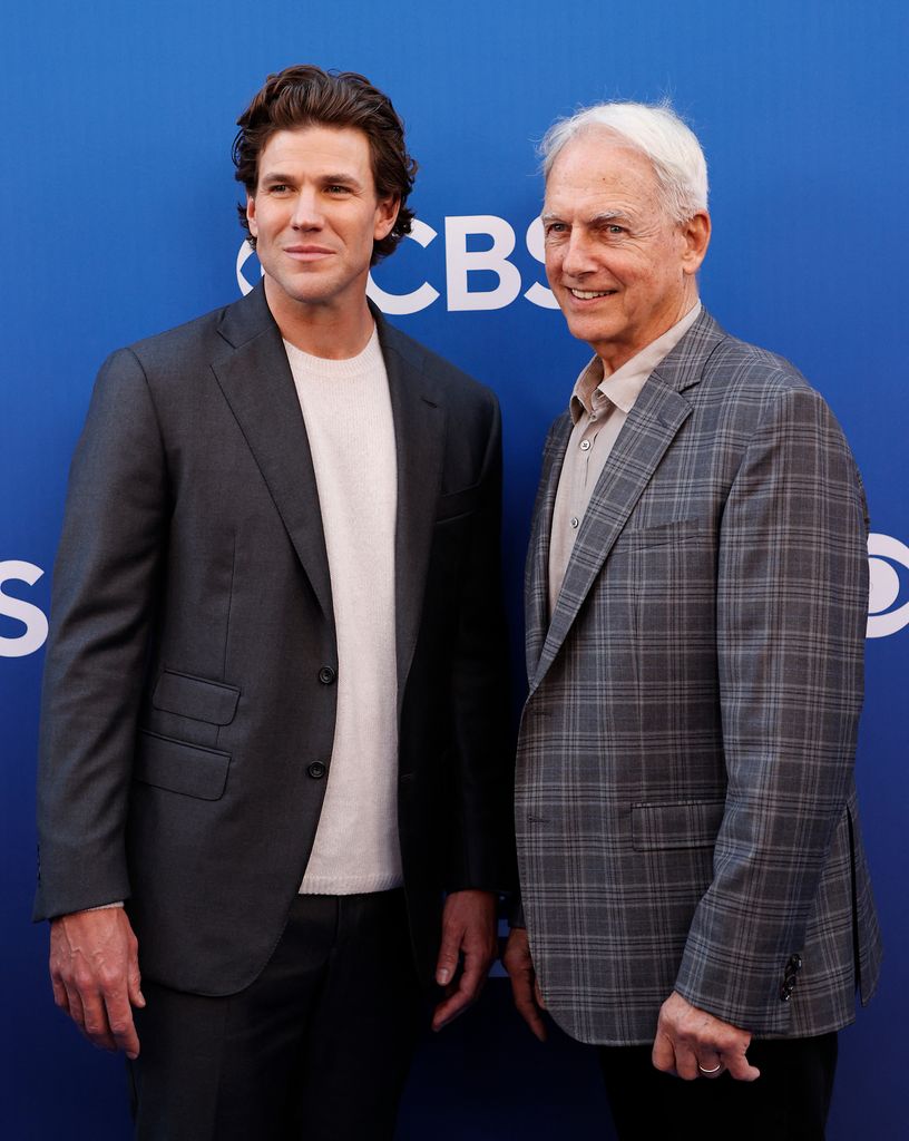 Austin Stowell and Mark Harmon attend a celebration of the announcement of CBS's new Fall schedule at Paramount Studios in Hollywood, May 2, 2024