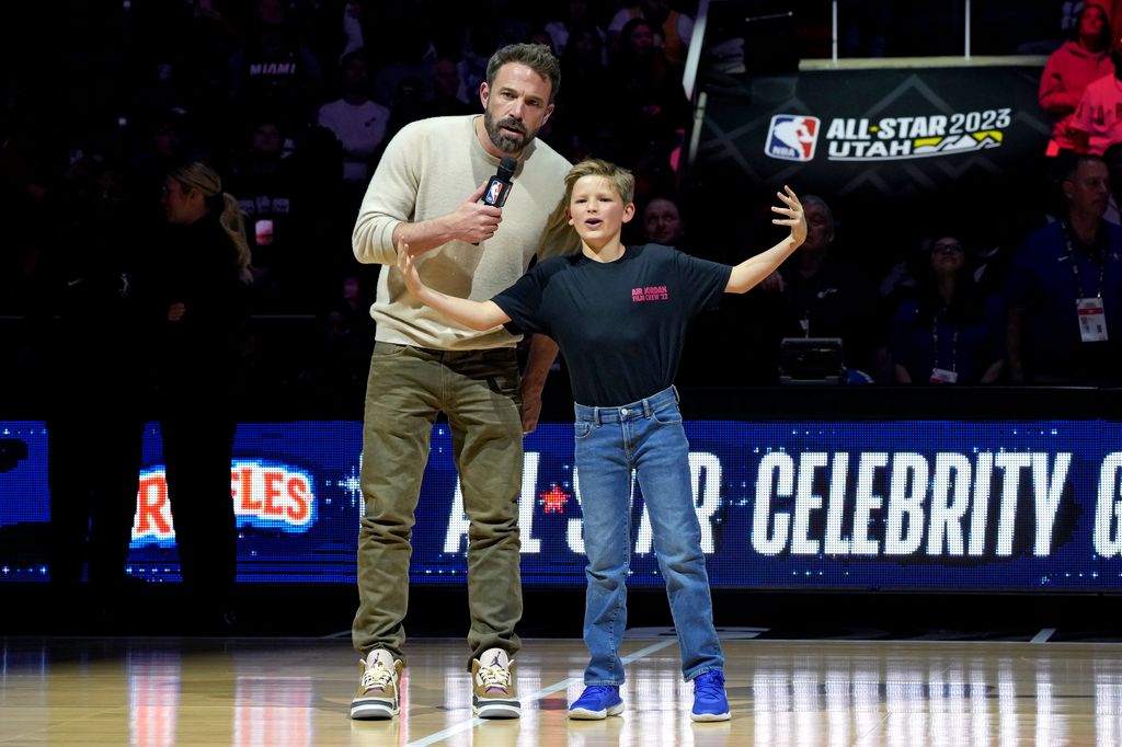 Ben Affleck and Samuel Garner Affleck speak at the Ruffles Celebrity Game during the 2023 NBA All-Star Weekend at Vivint Arena on February 17, 2023 in Salt Lake City, Utah