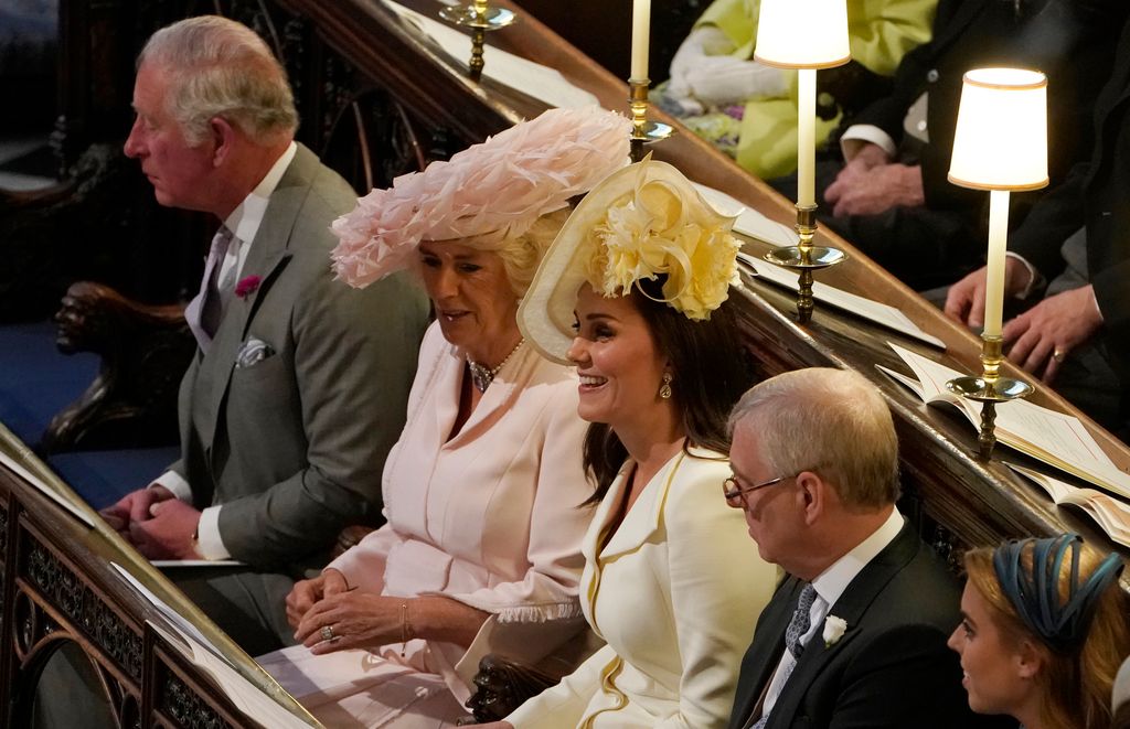 The Prince of Wales, the Duchess of Cornwall, the Duchess of Cambridge, the Duke of York and Princess Beatrice at St Georges Chapel on May 19, 2018 in Windsor, England.