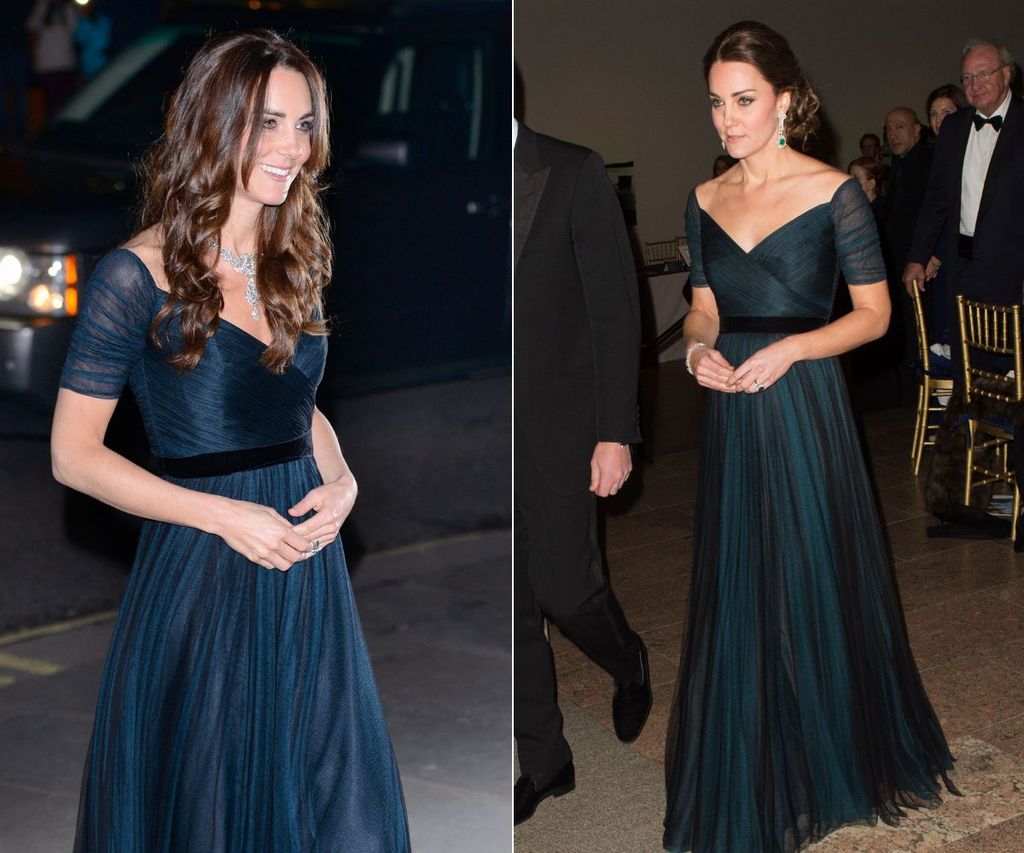 Kate Middleton wears a navy Jenny Packham gown