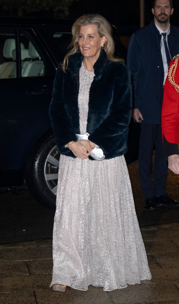 Sophie, Duchess of Edinburgh in lace dress and black fur coat