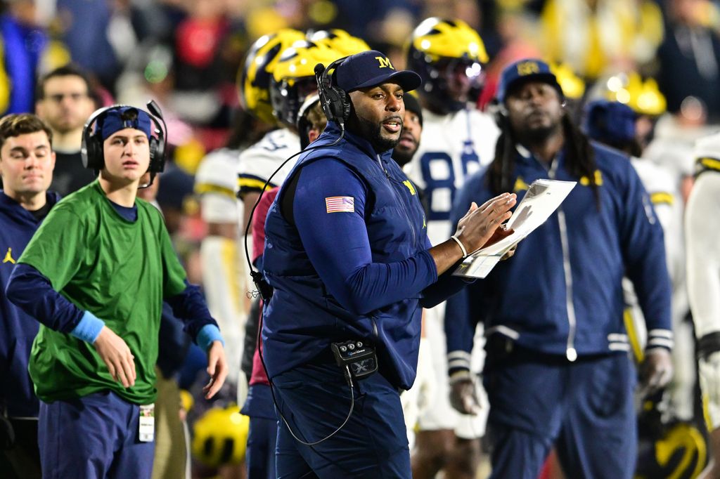 Head coach Sherrone Moore of the Michigan Wolverines looks on during the second half against the Maryland Terrapins at SECU Stadium on November 22, 2025 in College Park, Maryland.