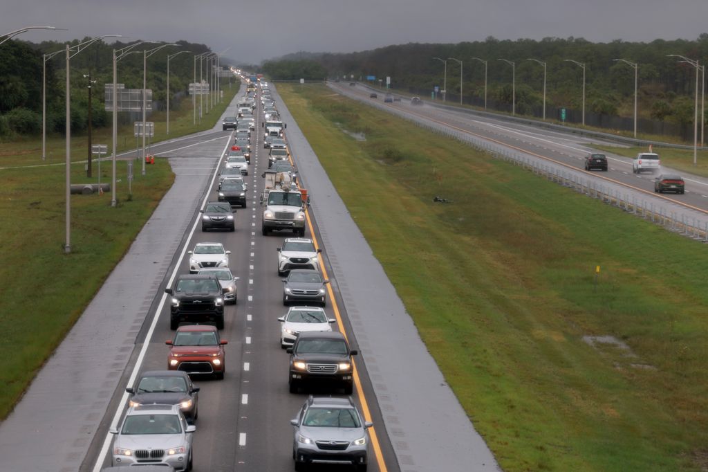 Vehicles fill the road as they drive to the East on I-75 from the West coast of Florida before the arrival of Hurricane Milton on October 08, 2024 in Big Cypress, Florida. Thousands of people are on the move as they try to find safety before the storm's arrival, which could be a Cat 3 when it makes landfall on Wednesday evening