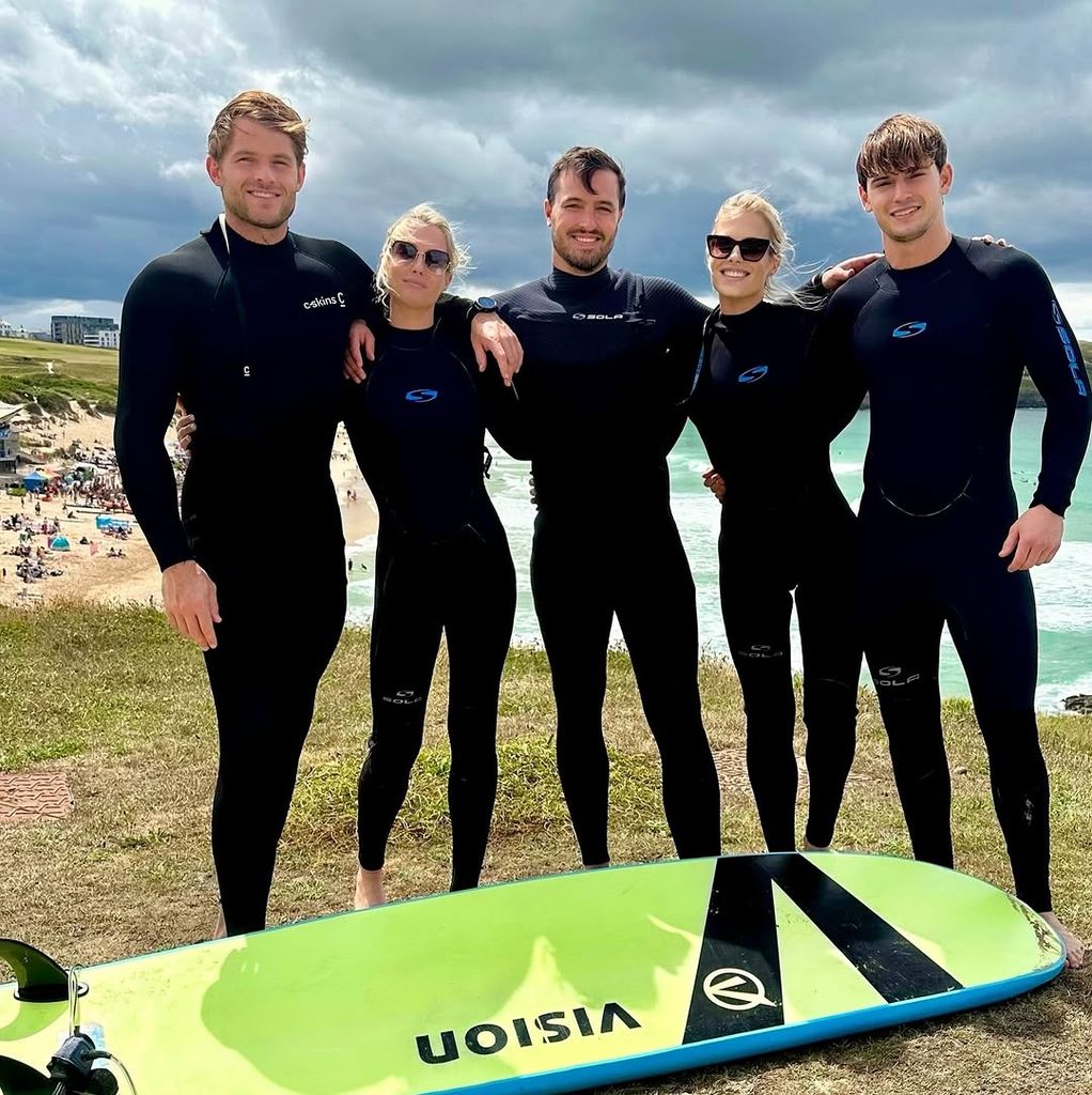 Lady Amelia Spencer, Greg Mallett, Lady Eliza Spencer, Channing Millerd and Samuel Aitken enjoyed a day of surfing