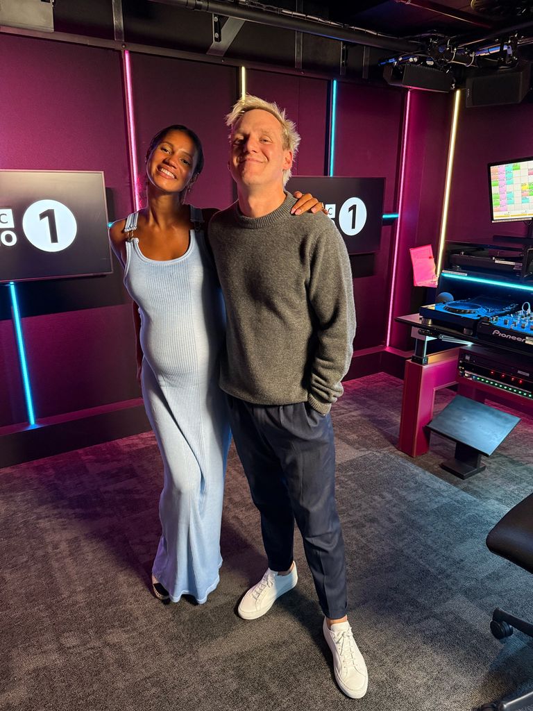 Vick Hope with her co-host Jamie Laing in their radio 1 studio