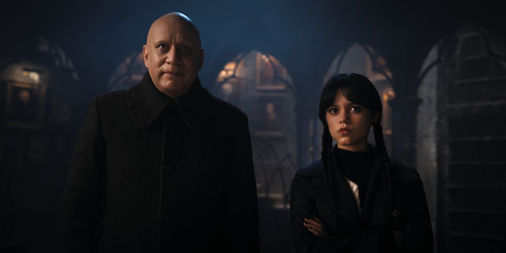 Fred Armisen as Uncle Fester and Jenna Ortega as Wednesday Addams 