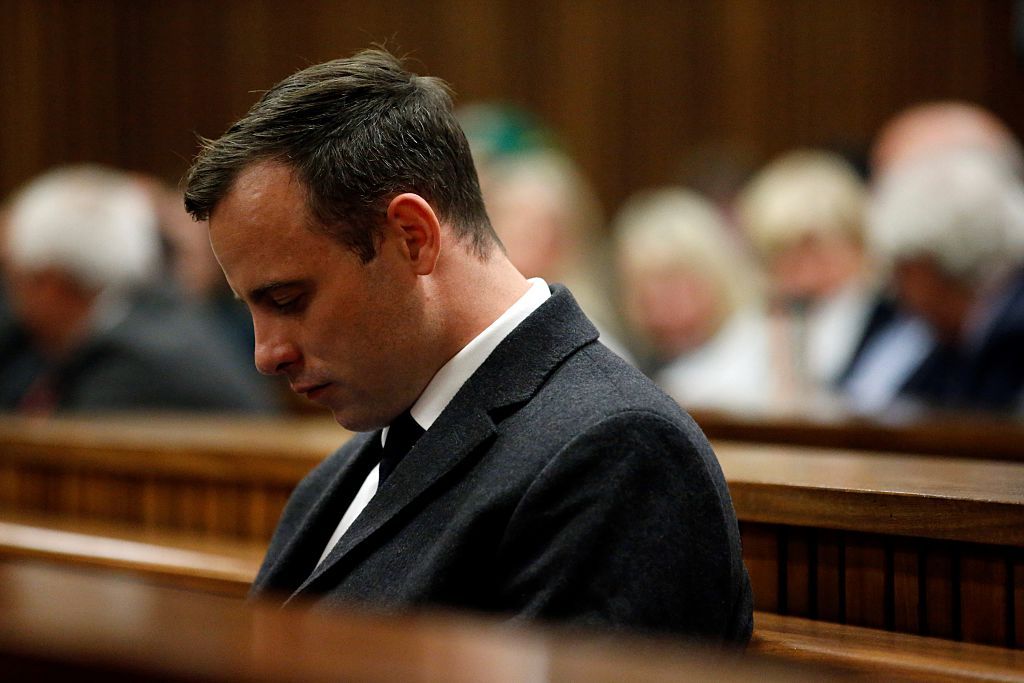 PRETORIA, SOUTH AFRICA - JULY 06: South African Paralympic athlete Oscar Pistorius sit on the chair at the North Gauteng High Court to attend summary judgement on his trial on July 6, 2016 in Pretoria, South Africa.The Paralympic athlete killed his girlfriend on Valentines Day of 2013, when he fired a gun four times through a locked toilet door at his Pretoria home. (Photo by Marco Longari / AFP / Pool/Anadolu Agency/Getty Images)