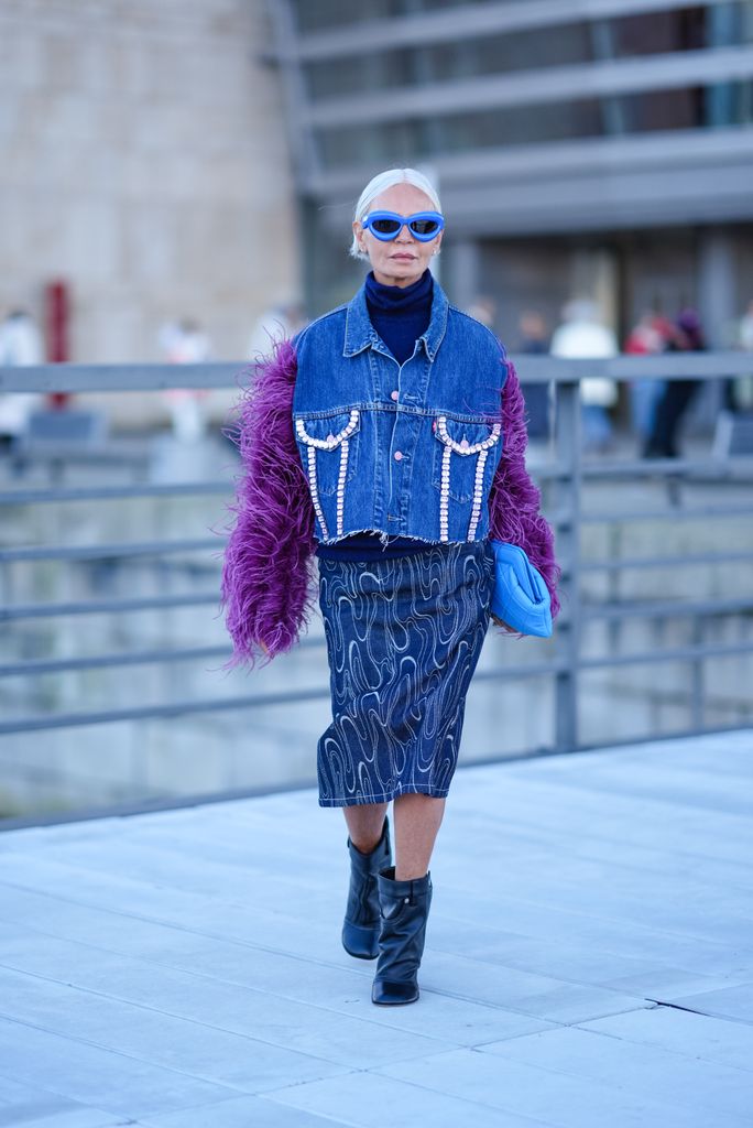 Crystal pockets and purple feather sleeves are fit for Copenhagen Fashion Week, as spotted on Grece Ghanem.