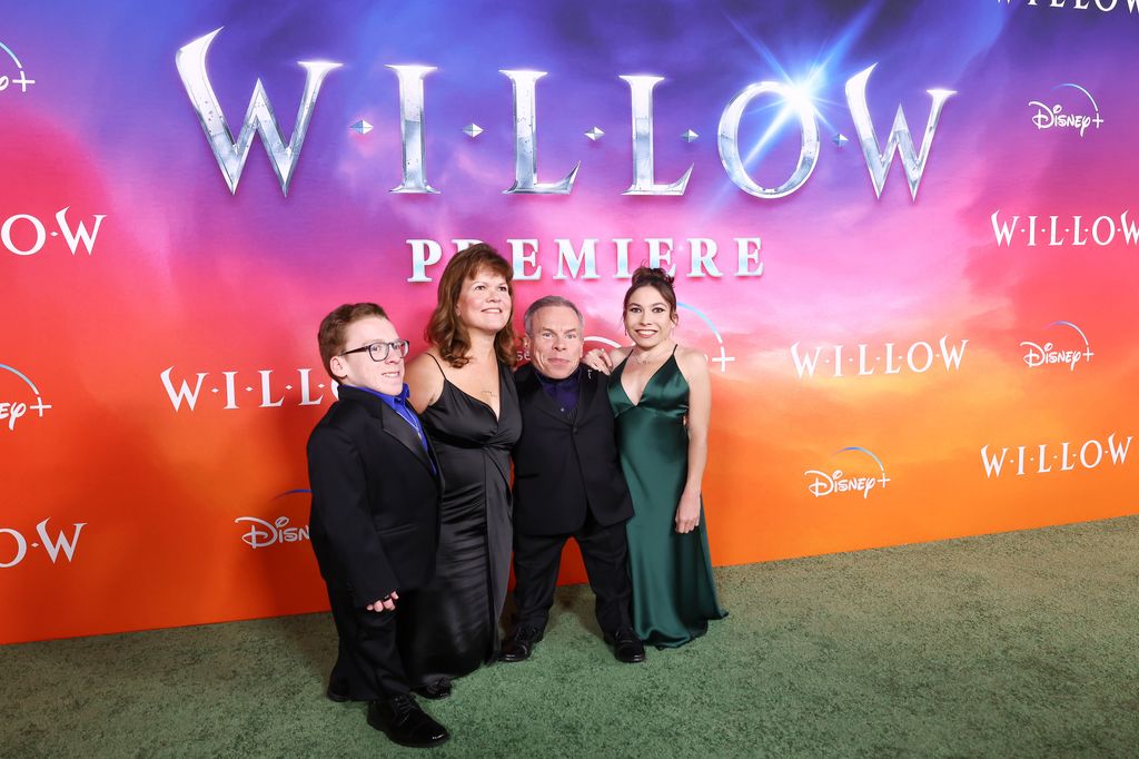 Warwick Davis, Annabelle Davis and family at the "Willow" series premiere held at Regency Villa Theatre on November 29, 2022 in Los Angeles, California
