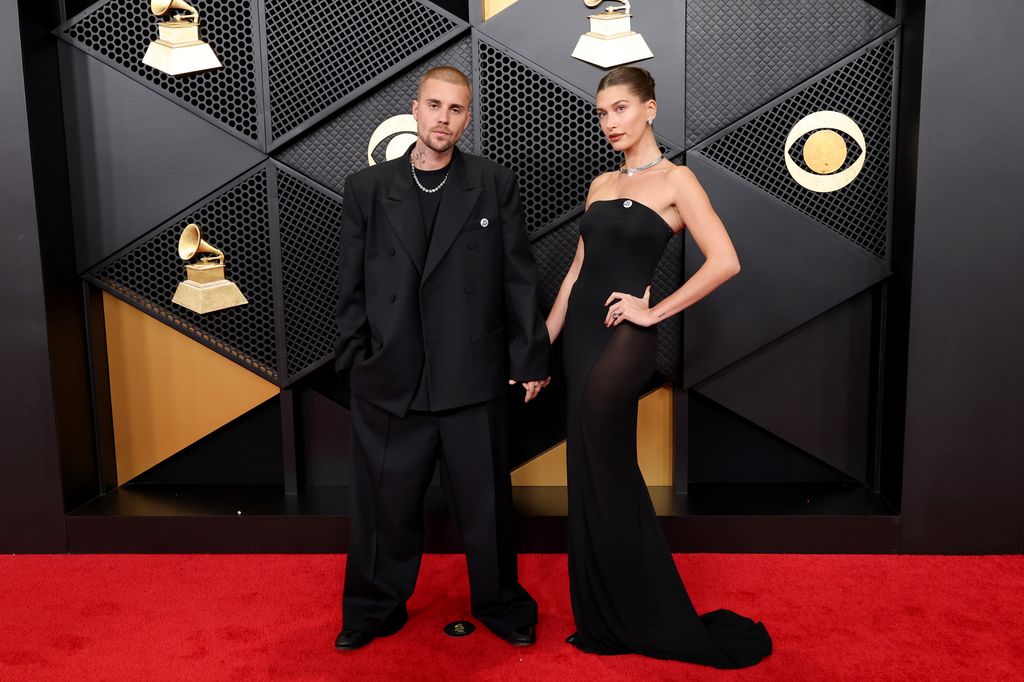 Justin Bieber and Hailey Bieber in black on the Grammys red carpet