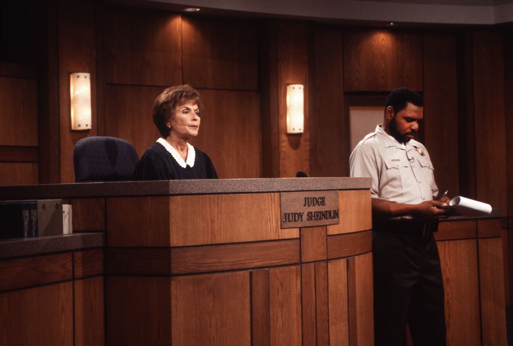 Judge Judy, Judith Sheindlin and bailiff Petri Hawkins-Byrd on Set on February 14. 1997 in Los Angeles, California.