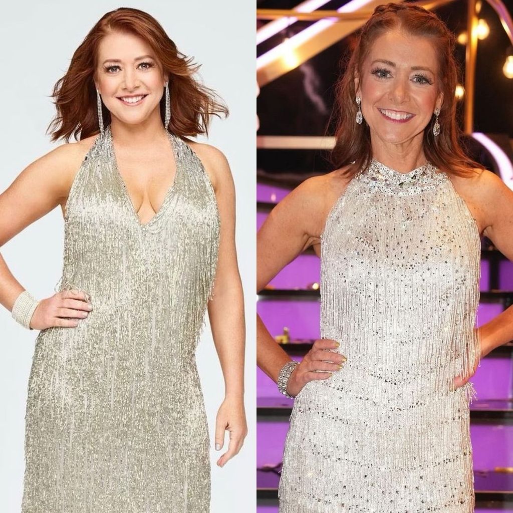 Alyson Hannigan stands in a sparkly silver fringe dress on the left, on the right is a different picture of Alyson 11 weeks later in a halterneck fringe dress after losing 20 lbs