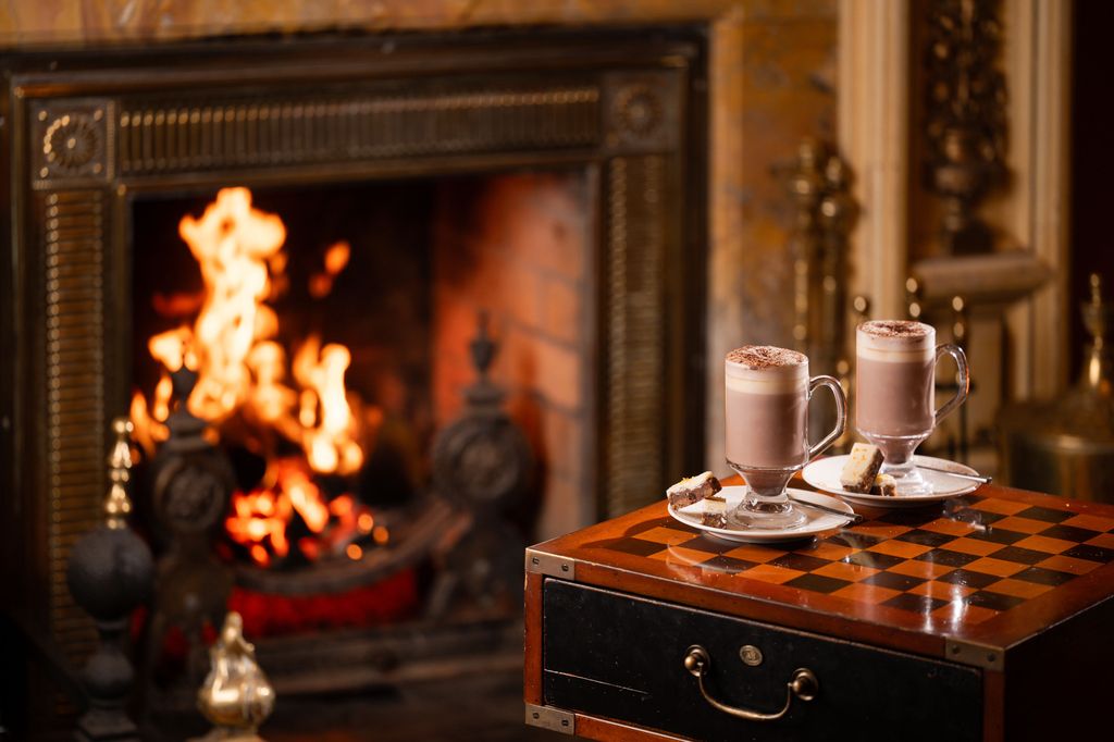 Culloden Estate & Spa fireplace and hot chocolate