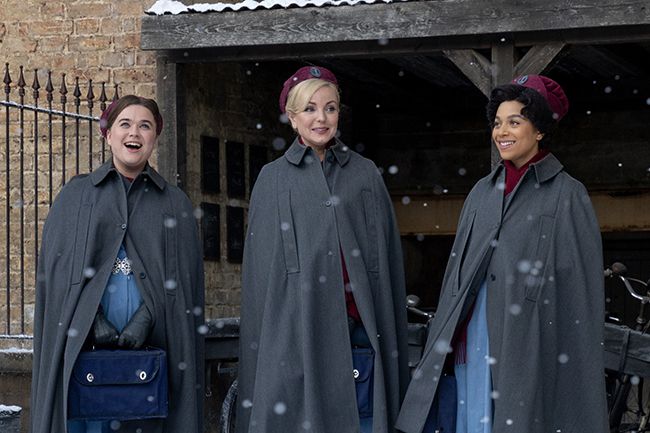 megan cusack, helen george and leonie elliott stand in snow outside nonnatus house