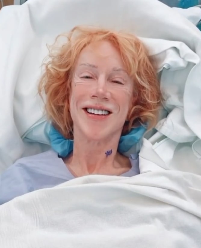 Screenshot of a TikTok shared by Kathy Griffin updating fans on her vocal cord surgery after her lung cancer battle