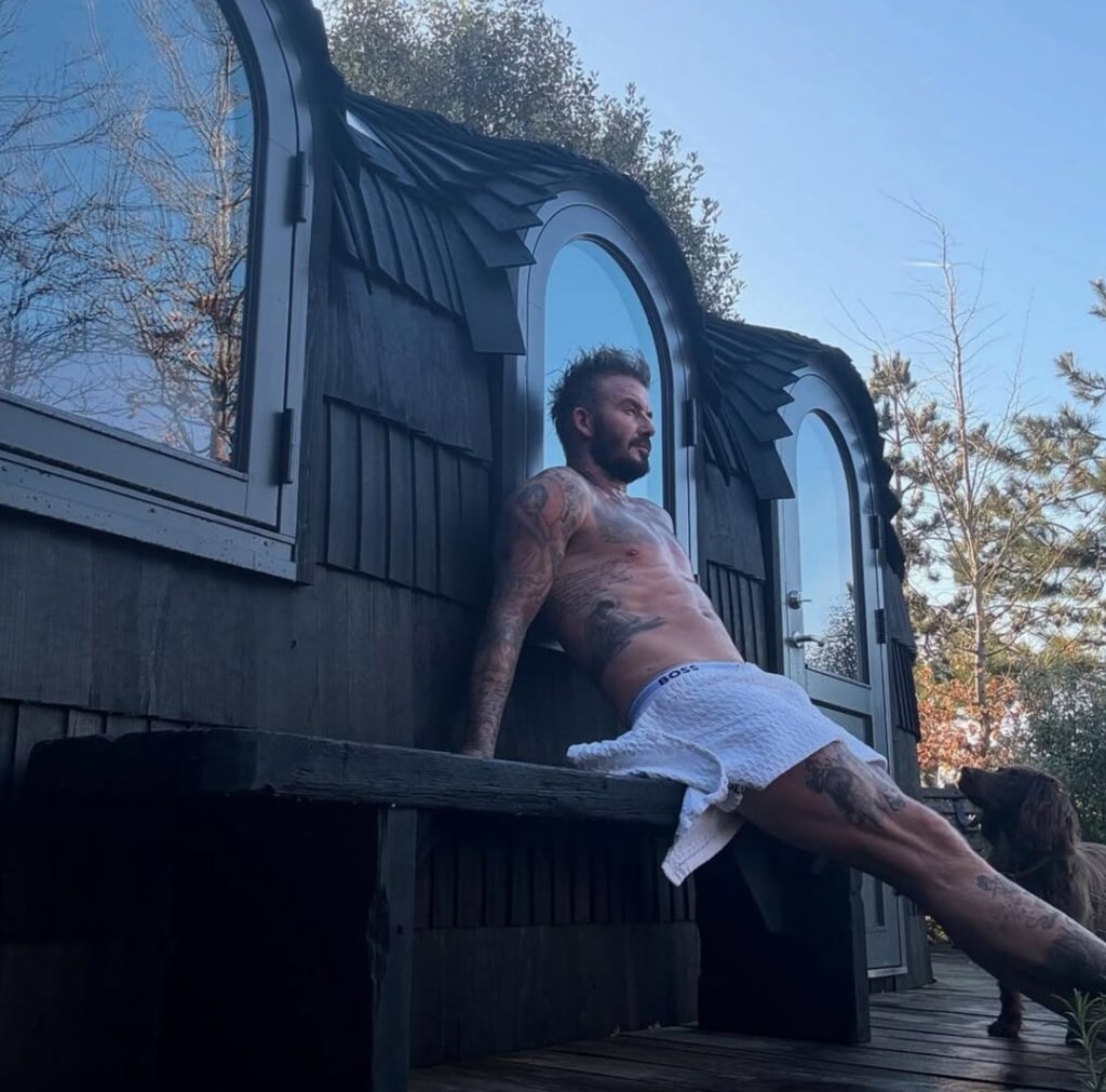 David relaxing outside his sauna