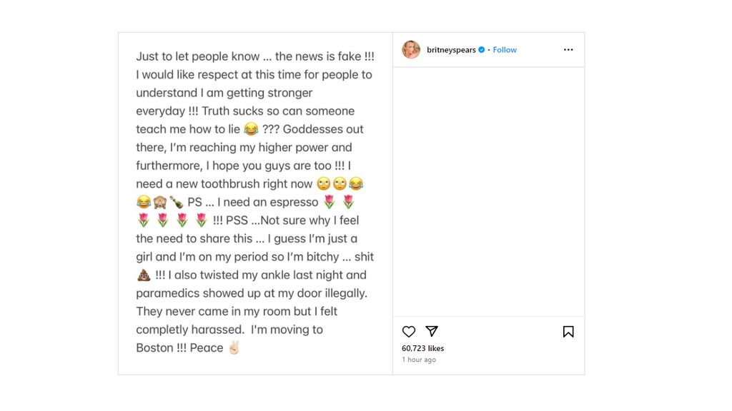 Britney Spears posted this message on Instagram