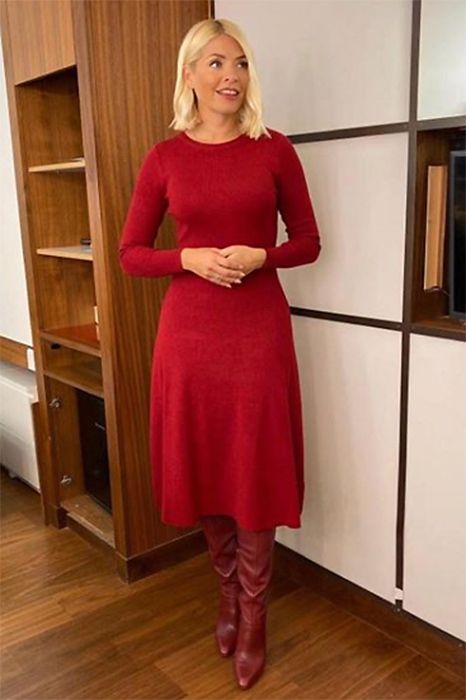 holly willoughby red dress instagram red boots this morning