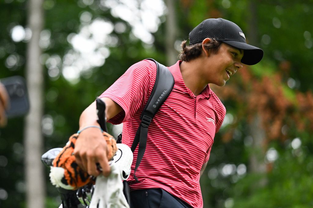 Charlie Woods reacts on the 18th hole tee box during the third round of the 2025 Junior PGA Championship at Birck Boilermaker Golf Complex on Thursday, July 31, 2025 in West Lafayette, Indiana