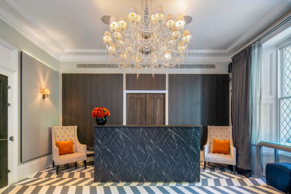 The chic reception is the first port of call for visitors at the Eccleston Square Hotel