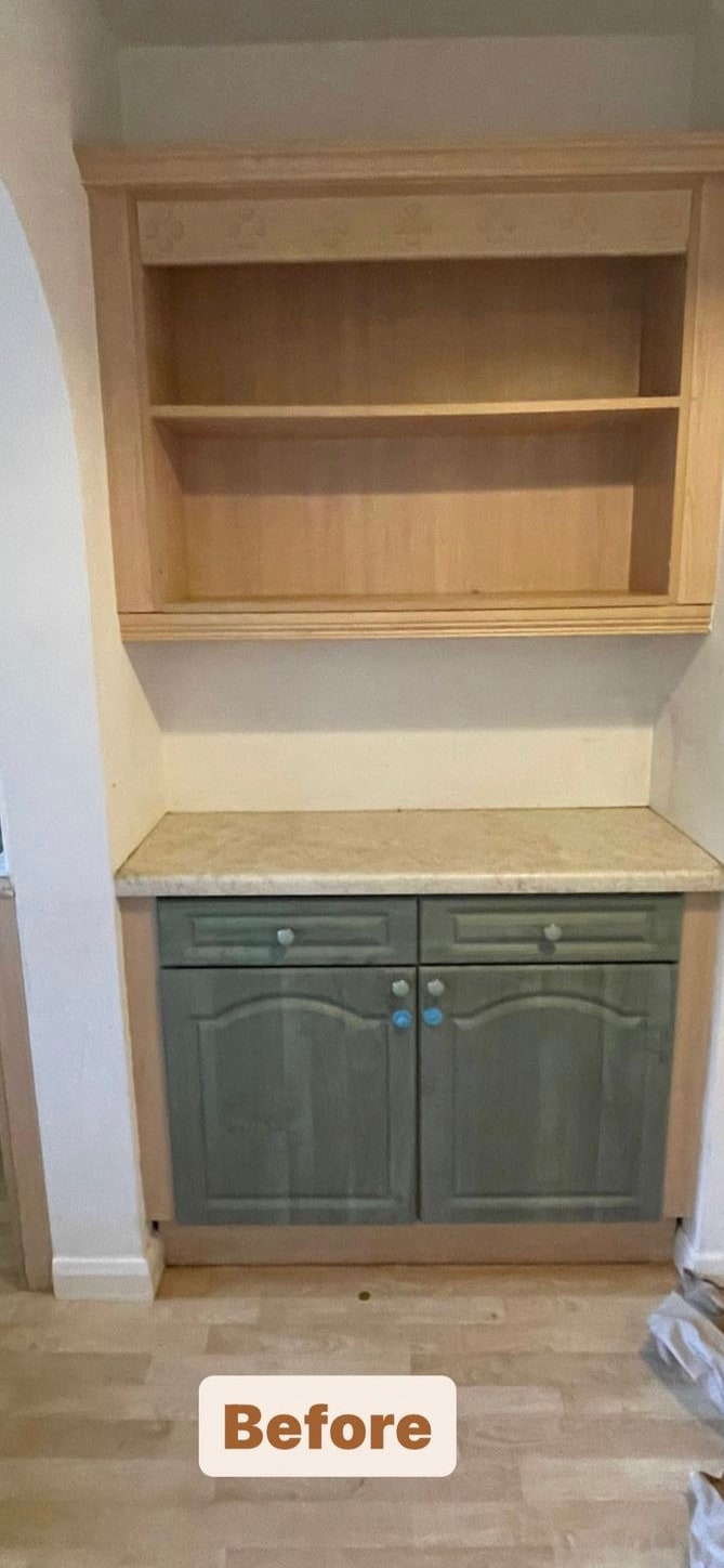 A tired pantry with green doors 