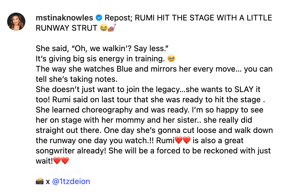 Tina's message dedicated to granddaughter Rumi Carter