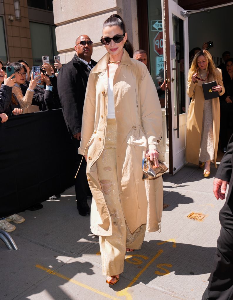 Anne Hathaway is seen at the Ralph Lauren Fashion Show on April 17, 2025 in New York City.  (Photo by XNY/Star Max/GC Images)