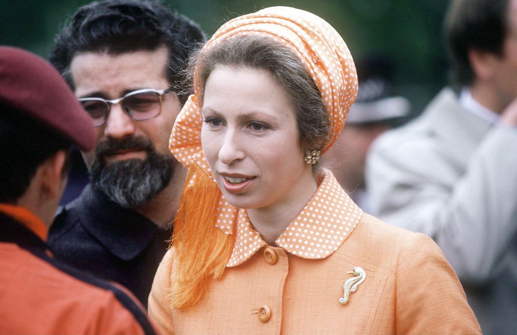 Princess Anne in 1979 in peach coat and headscarf