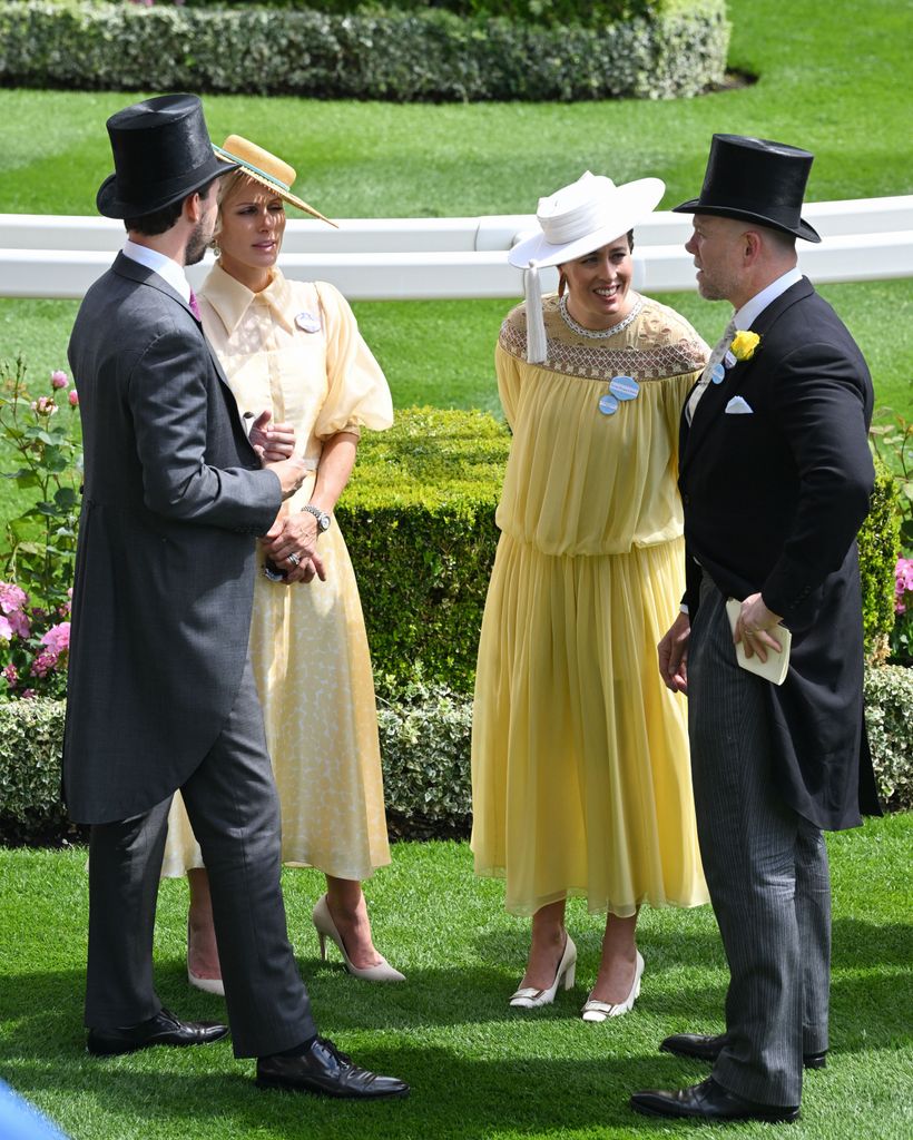 Mike and Zara Tindall talking to Prince Philippos and Princess Nina at Royal Ascot