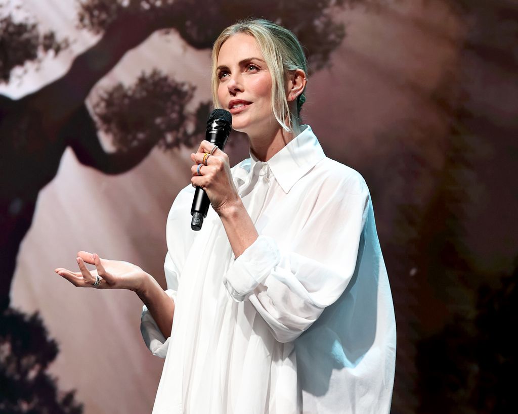 Charlize Theron speaks onstage during Netflix's Upfront 2025 on May 14, 2025 in New York City.