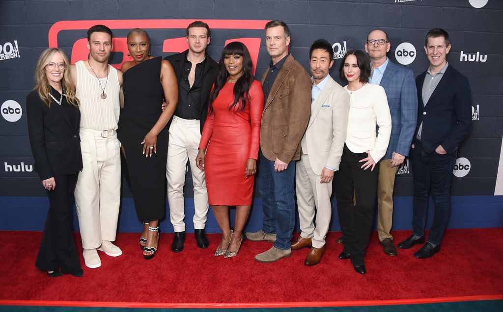 Karey Burke, Ryan Guzman, Aisha Hinds, Oliver Stark, Angela Bassett, Peter Krause, Kenneth Choi, Jennifer Love Hewitt, Tim Minear and Craig Erwich at the "9-1-1" ABC premire event held at Spring Place on March 11, 2024 in Beverly Hills, California. (Photo by Gregg DeGuire/Variety via Getty Images)